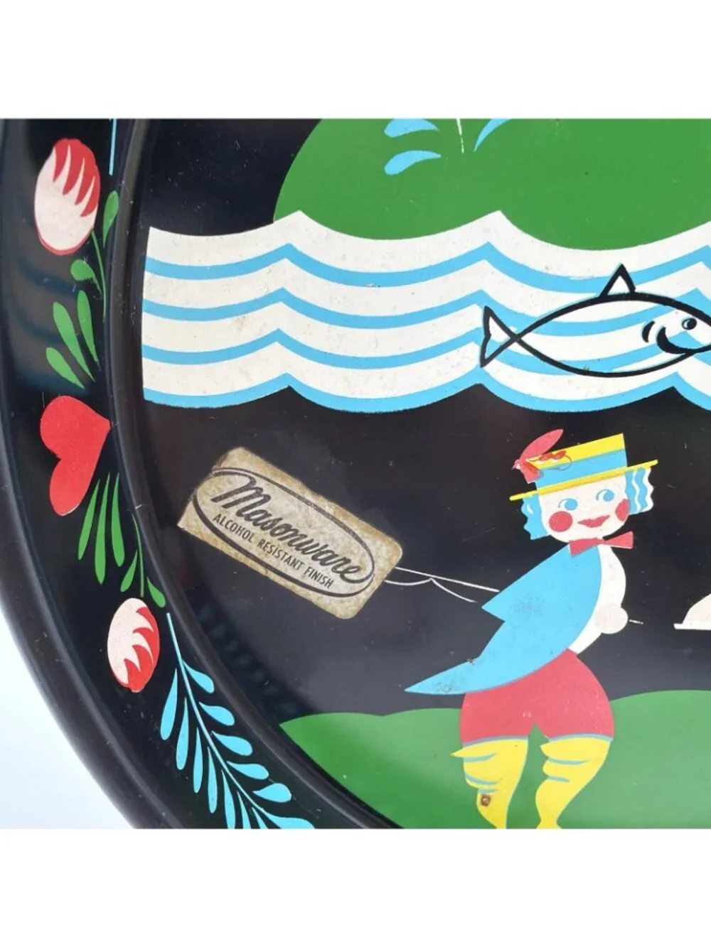 Masonware Serving Tray 1960s Pennsylvania Dutch Fishing MCM Decor 13” W/Tag